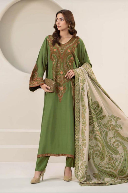 3-Piece Women's Unstitched Embroidered Lawn Suit – Green Elegance Fashion Insta