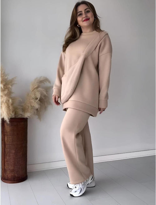 Comfortable Beige Fleece Sweatshirt Tracksuit – 2 Pcs Set Fashion Insta