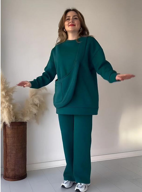 Comfortable Fleece Sweatshirt Tracksuit – 2 Pcs Set (Green) Fashion Insta