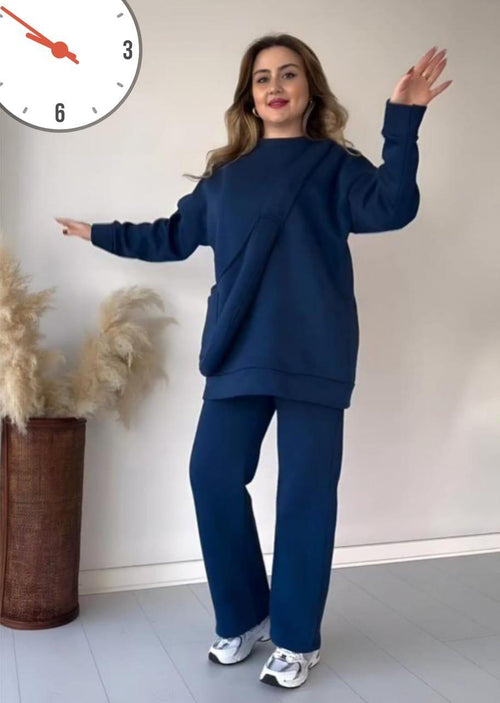 Cozy Blue Fleece Sweatshirt Tracksuit – 2 Pcs Set Fashion Insta