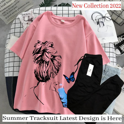 2 Pcs Women’s Stitched Printed Cotton Tracksuit – Pink Fashion Insta