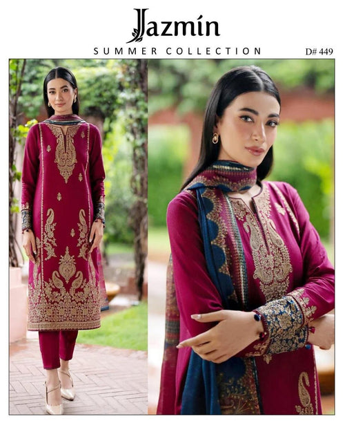 3-Piece Women’s Unstitched Embroidered Lawn Suit – Elegant Red Edition Fashion Insta