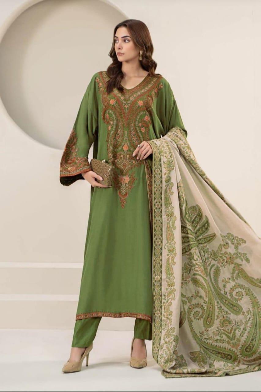3-Piece Women's Unstitched Embroidered Lawn Suit – Green Elegance Fashion Insta