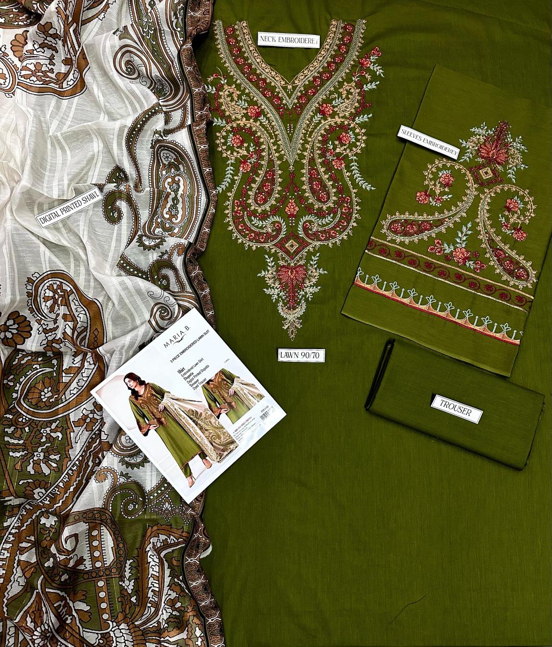 3-Piece Women's Unstitched Embroidered Lawn Suit – Green Elegance Fashion Insta