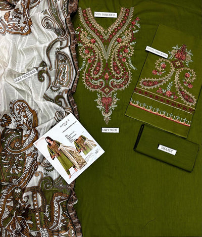 3-Piece Women's Unstitched Embroidered Lawn Suit – Green Elegance Fashion Insta