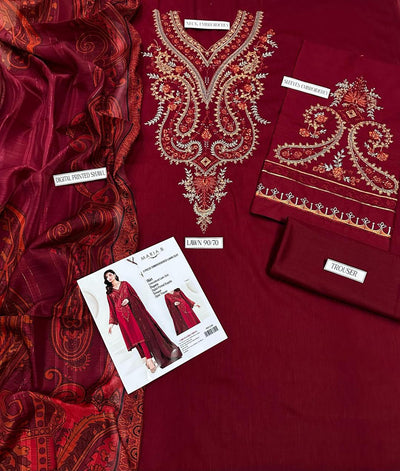 3-Piece Women's Unstitched Embroidered Lawn Suit – Maroon Elegance Fashion Insta