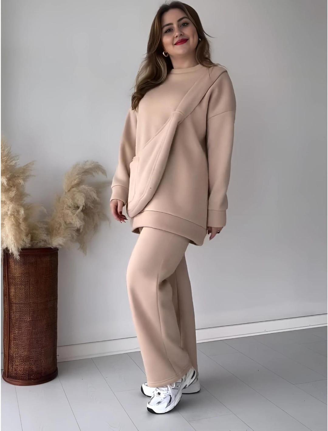 Comfortable Beige Fleece Sweatshirt Tracksuit – 2 Pcs Set Fashion Insta