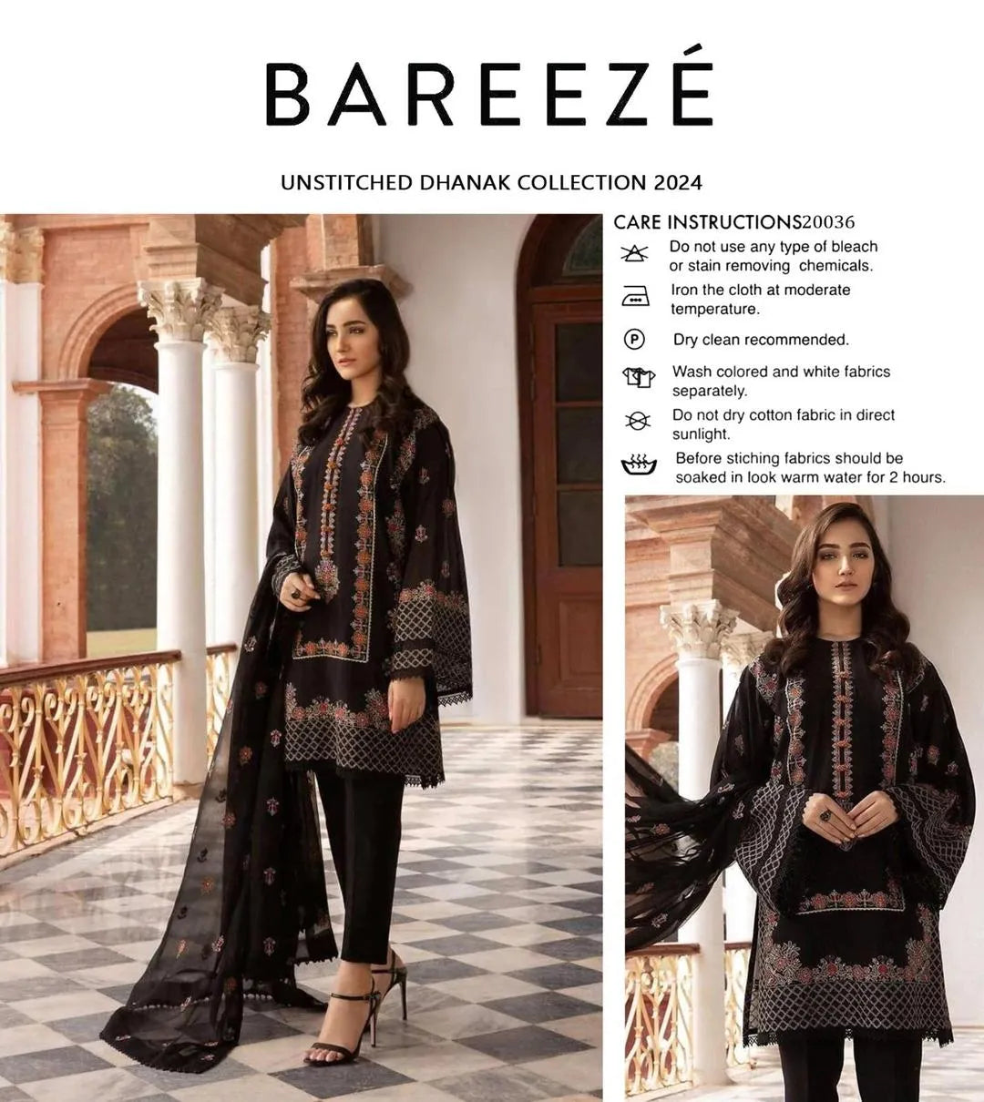 3 Pcs Women’s Unstitched Embroidered Suit – Black Fashion Insta