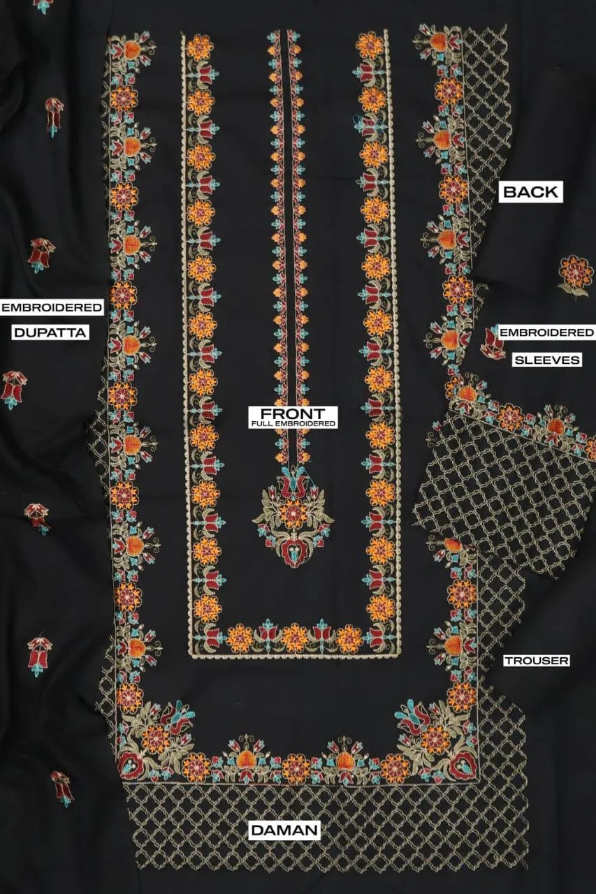 3 Pcs Women’s Unstitched Embroidered Suit – Black Fashion Insta