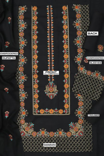 3 Pcs Women’s Unstitched Embroidered Suit – Black Fashion Insta