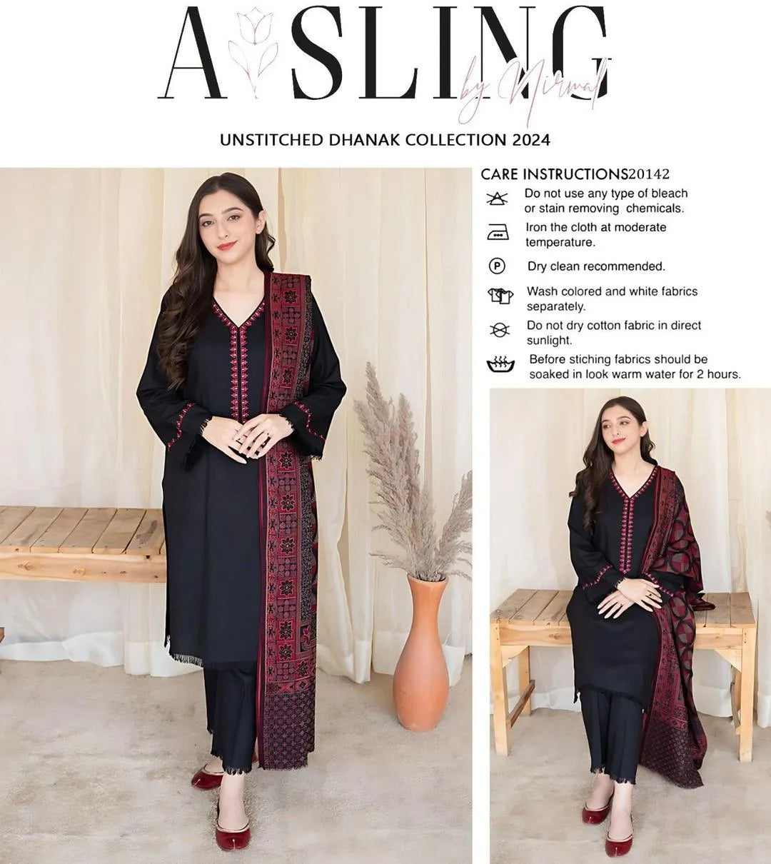 3 Pcs Women’s Unstitched Embroidered Suit – Black Fashion Insta