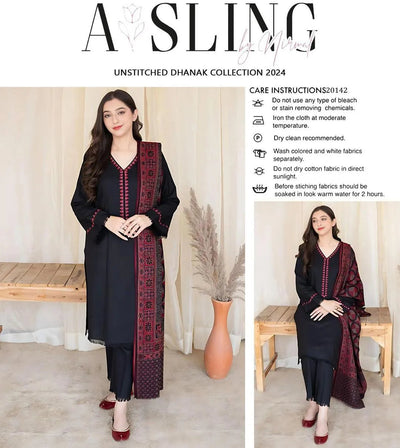 3 Pcs Women’s Unstitched Embroidered Suit – Black Fashion Insta