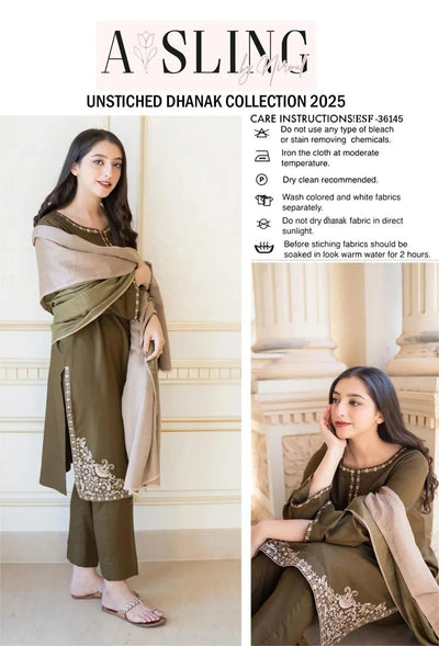 3 Pcs Women’s Unstitched Embroidered Suit – Green Fashion Insta