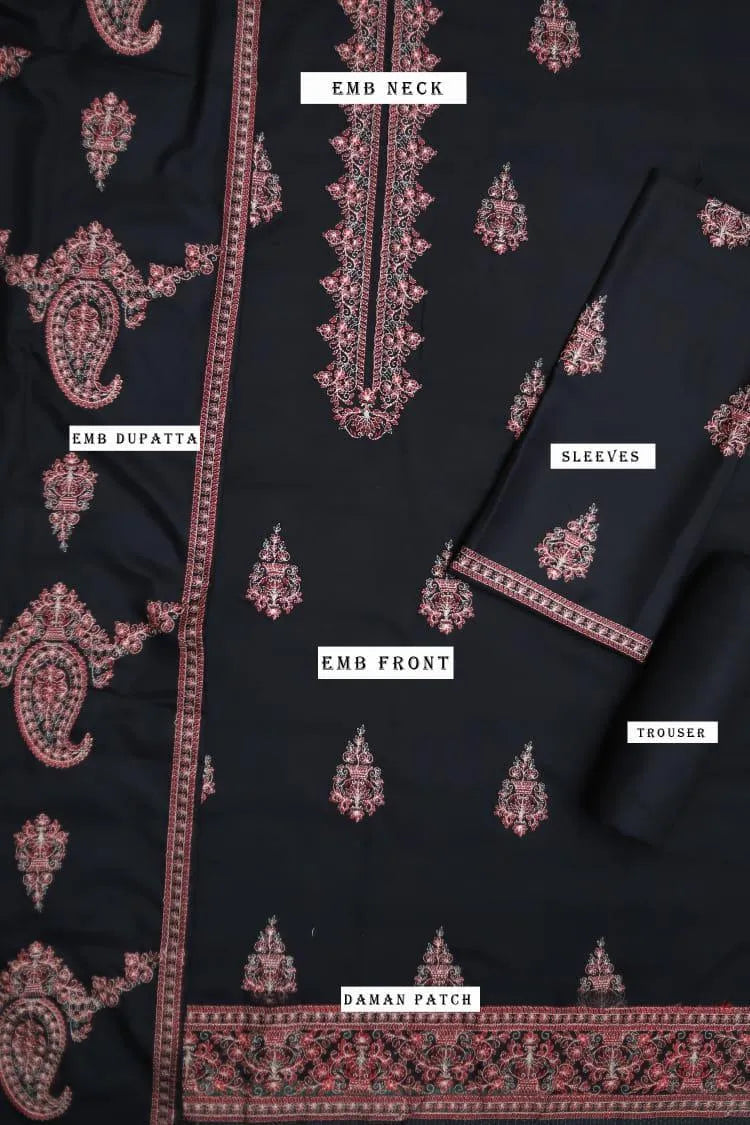 3 Pcs Women’s Unstitched Embroidered Suit – Black Fashion Insta