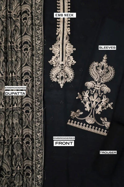 3 Pcs Women’s Unstitched Embroidered Suit – Black Fashion Insta