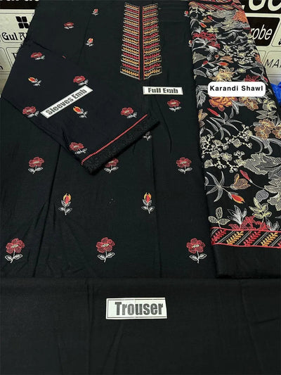 3 Pcs Women’s Unstitched Embroidered Suit – Black Fashion Insta