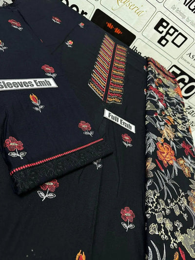 3 Pcs Women’s Unstitched Embroidered Suit – Black Fashion Insta