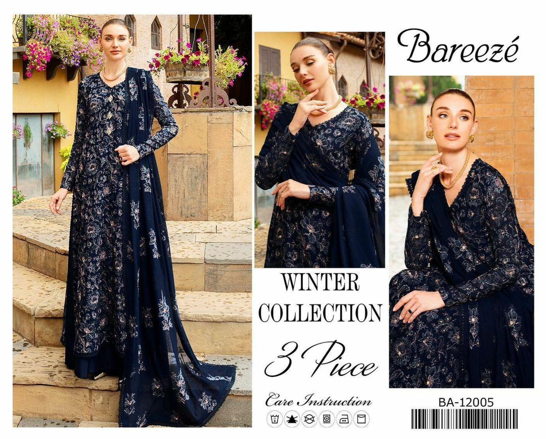 Elegant 3 Pcs Embroidered Suit in Blue with Printed Wool Dupatta Fashion Insta