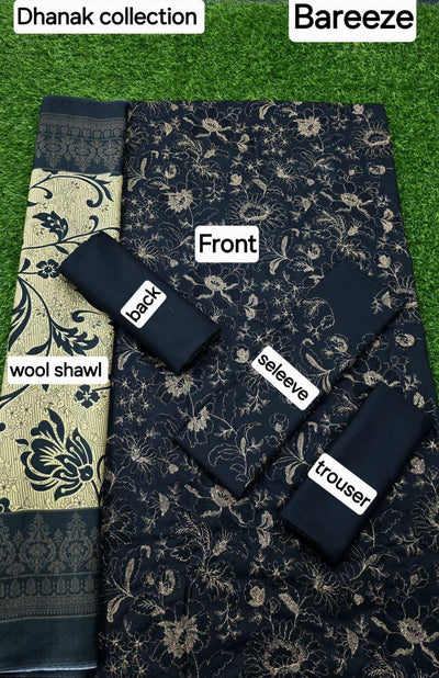 Elegant 3 Pcs Embroidered Suit in Blue with Printed Wool Dupatta Fashion Insta
