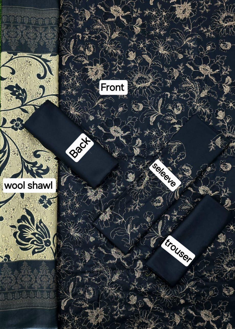 Elegant 3 Pcs Embroidered Suit in Blue with Printed Wool Dupatta Fashion Insta