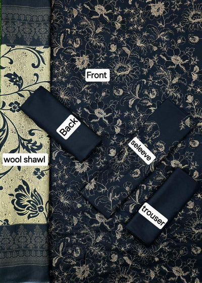 Elegant 3 Pcs Embroidered Suit in Blue with Printed Wool Dupatta Fashion Insta