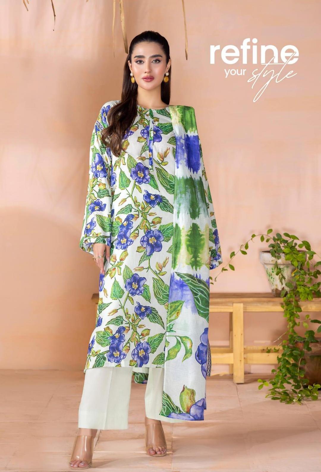 3-Piece Women’s Unstitched Printed Lawn Suit – Fresh Green Summer Style Fashion Insta