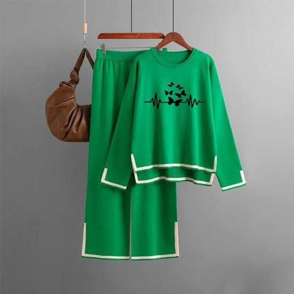 Trendy Green Printed Fleece Tracksuit – 2 Pcs Comfort Set Fashion Insta
