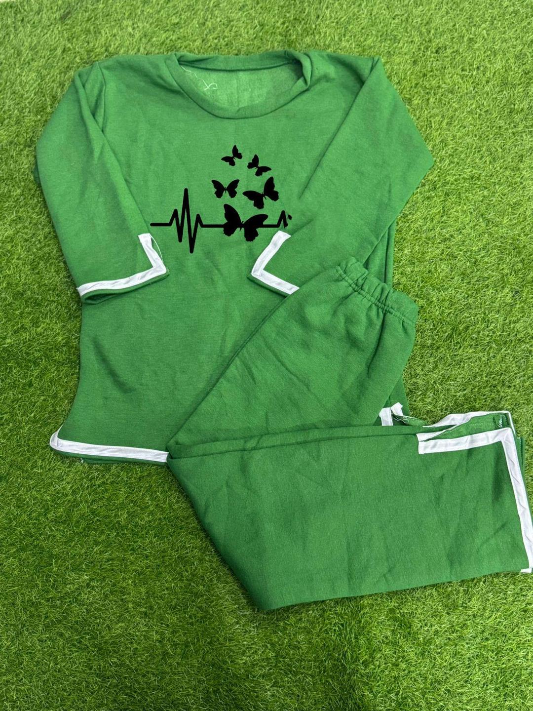 Trendy Green Printed Fleece Tracksuit – 2 Pcs Comfort Set Fashion Insta