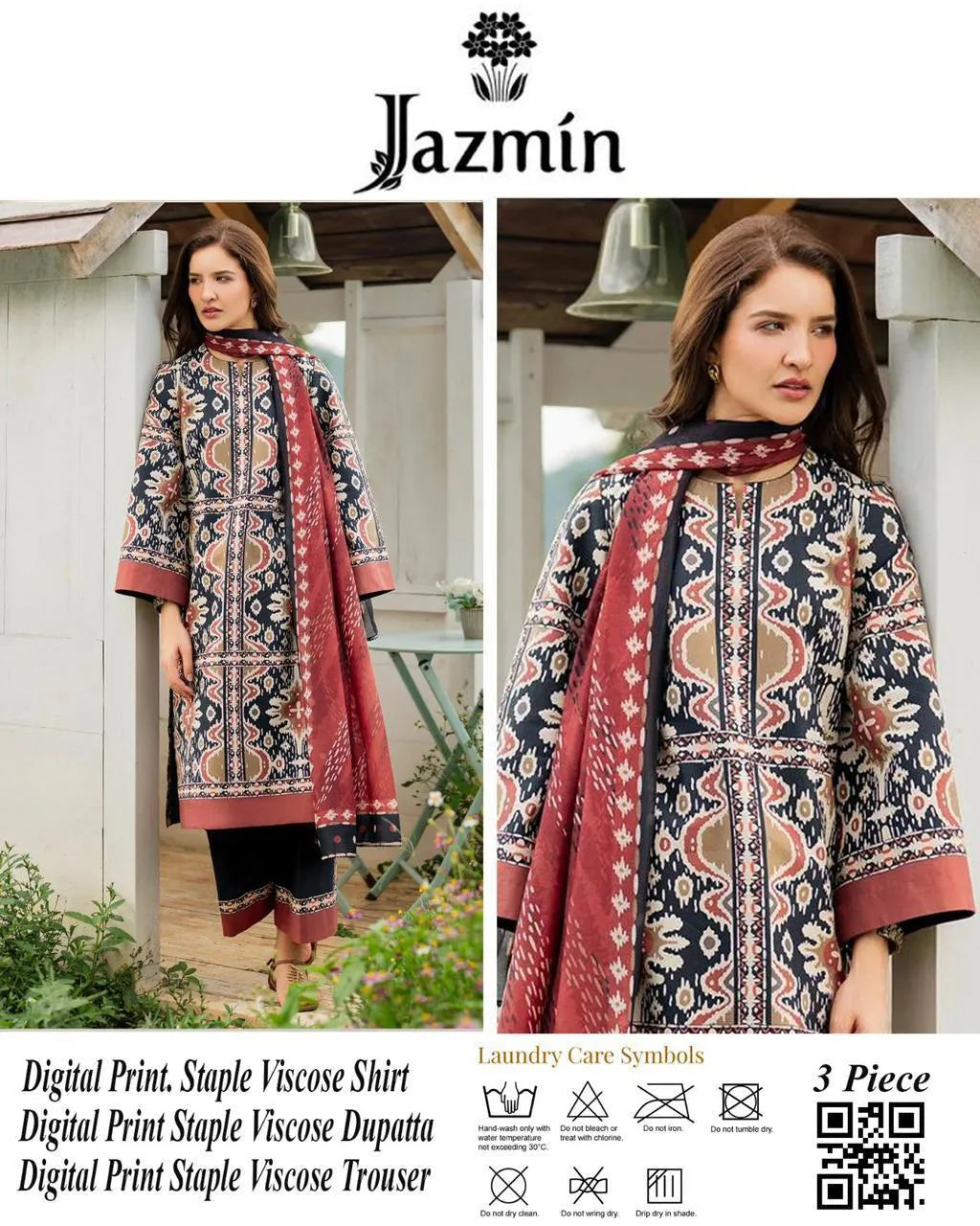 3 Pcs Women’s Unstitched Printed Suit – Black Fashion Insta