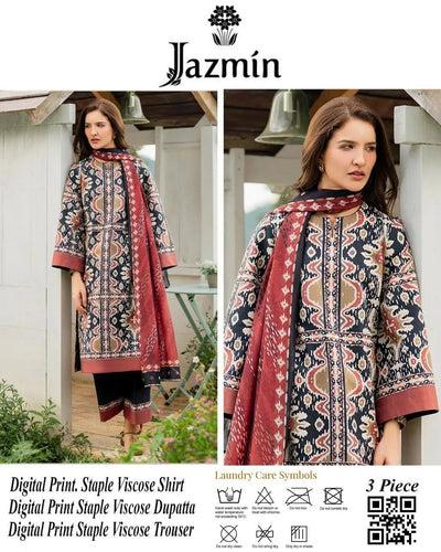 3 Pcs Women’s Unstitched Printed Suit – Black Fashion Insta