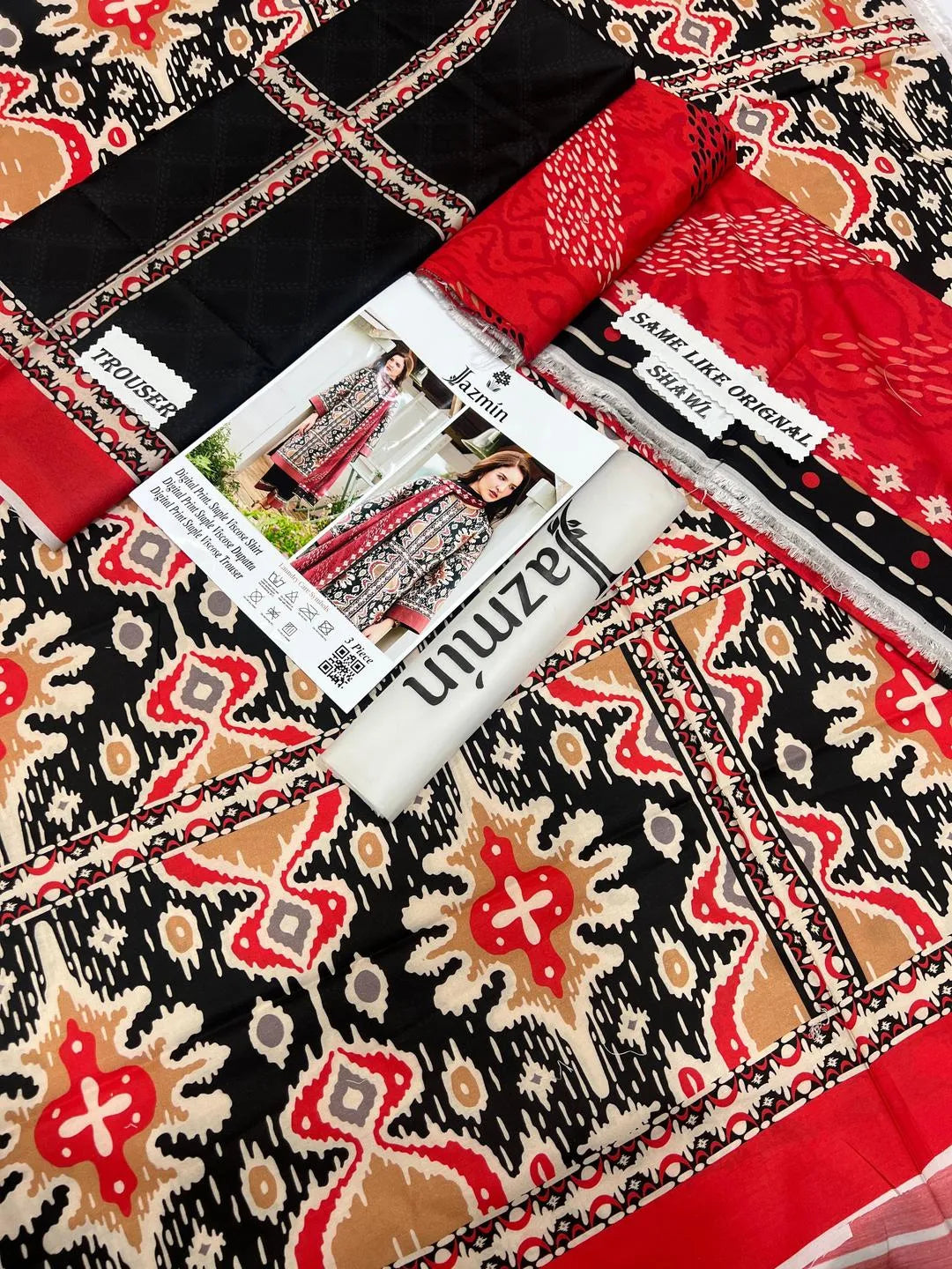3 Pcs Women’s Unstitched Printed Suit – Black Fashion Insta