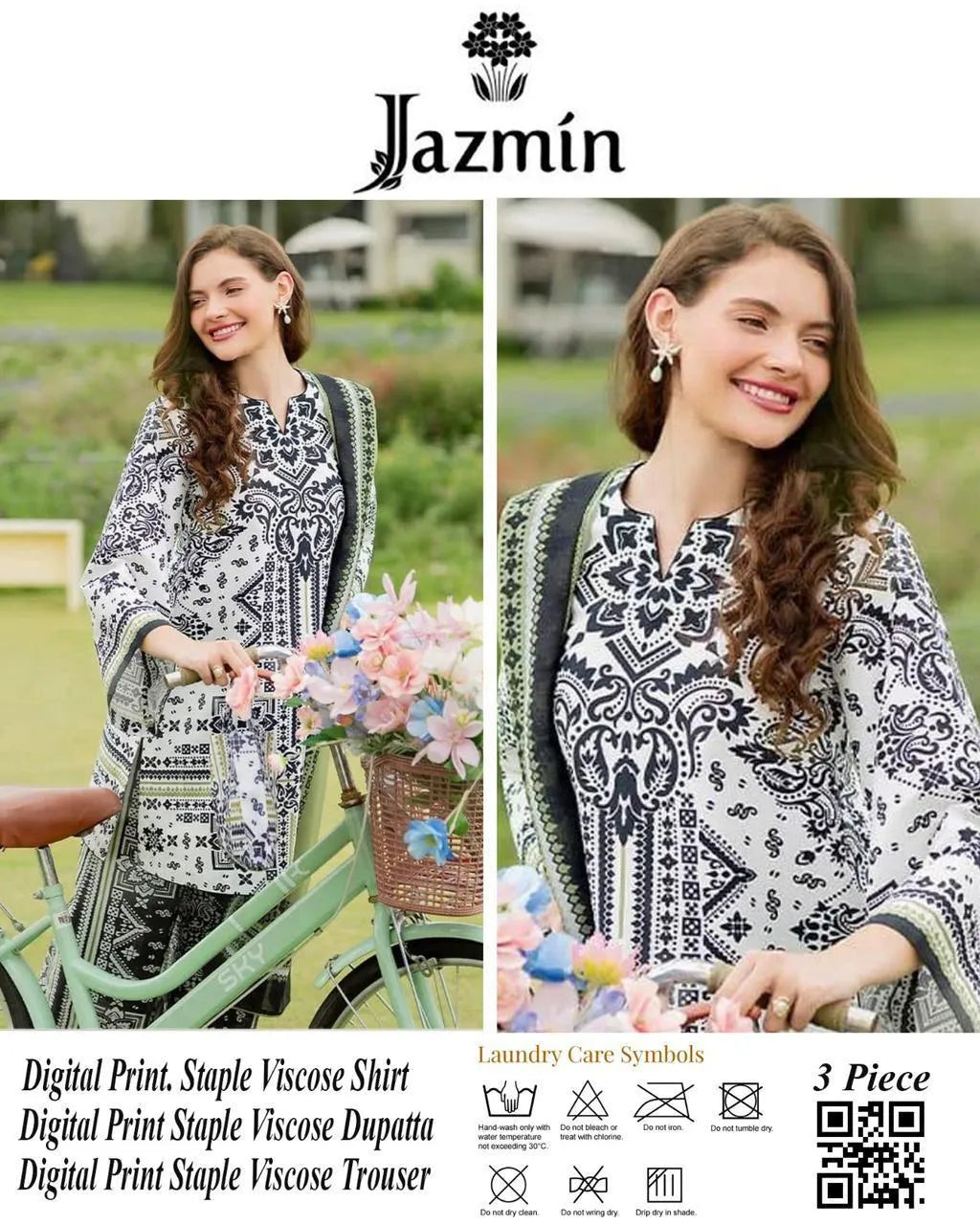 3 Pcs Women’s Unstitched Printed Suit – White Fashion Insta