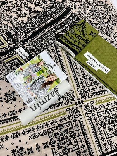 3 Pcs Women’s Unstitched Printed Suit – White Fashion Insta