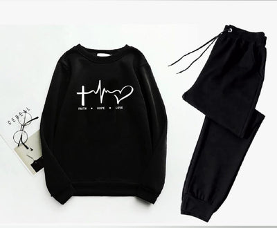 2 Pcs Women's Stitched Fleece Printed Sweatshirt Tracksuit Fashion Insta