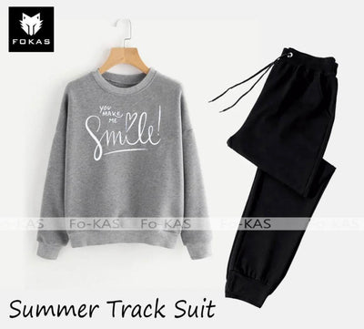 2 Pcs Women’s Stitched Fleece Printed Sweatshirt Tracksuit – Grey Fashion Insta