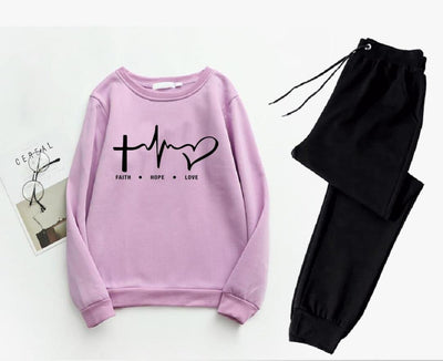 2 Pcs Women’s Stitched Fleece Printed Sweatshirt Tracksuit Fashion Insta