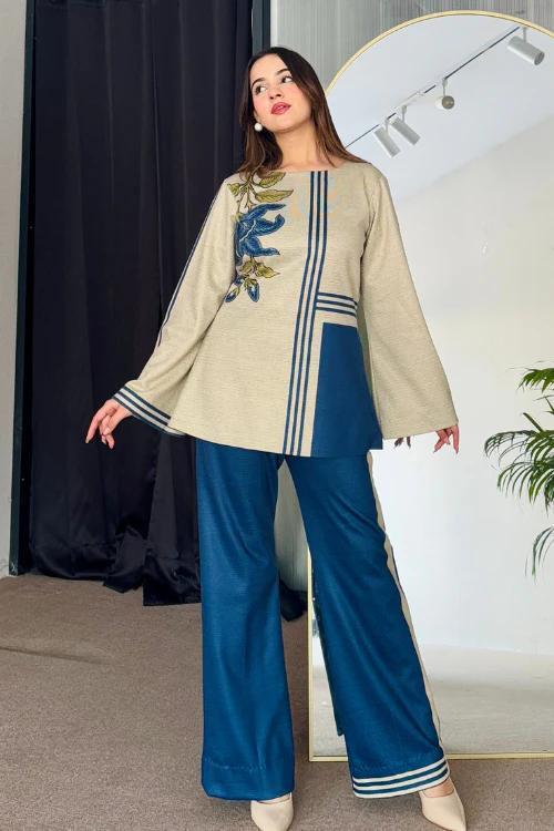 PISTA Collection – New Arrival: Blue Triple Stripes Co-Ord Set | 2 Pcs Stitched Swiss Lawn Dress Fashion Insta