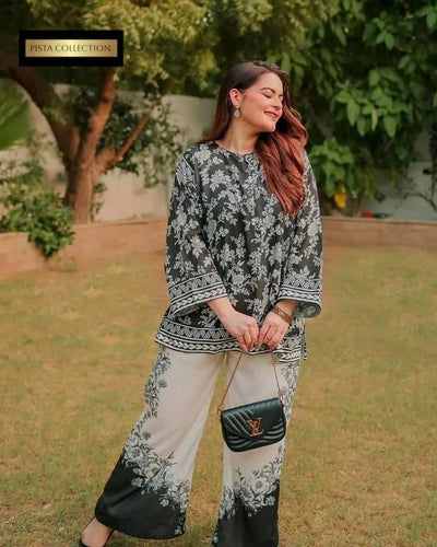 2 Pcs Women’s Stitched Grip Silk Printed Shirt & Trouser Fashion Insta