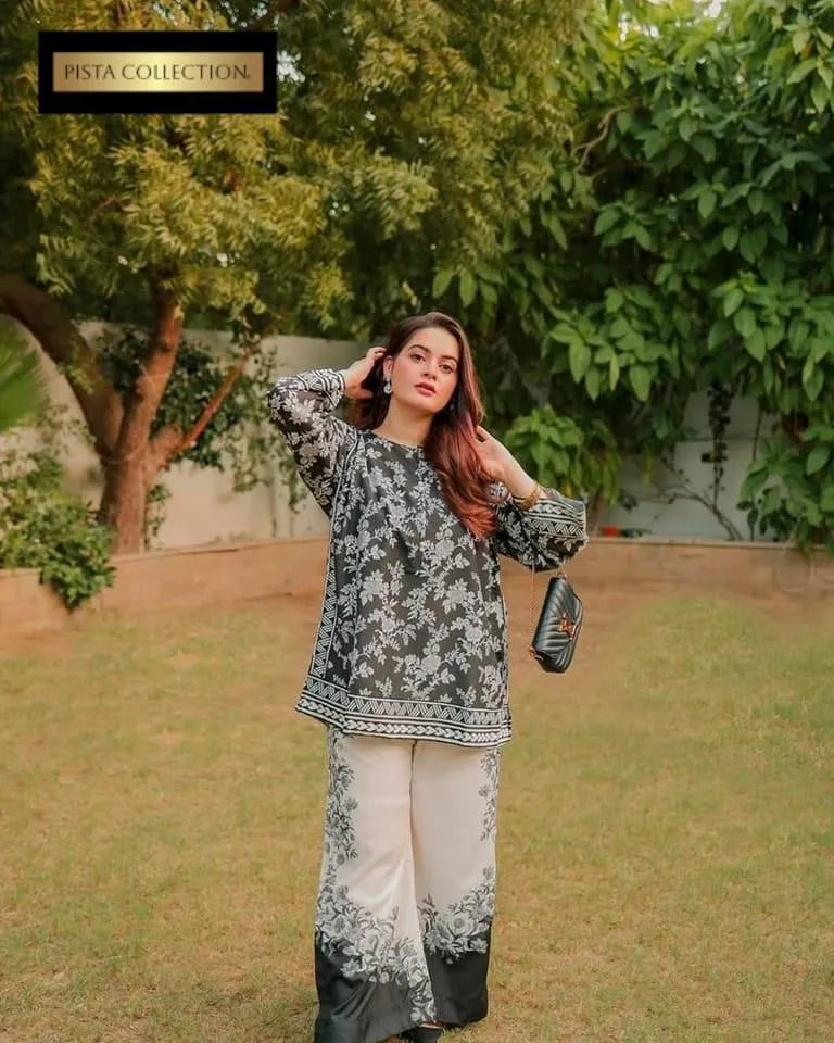 2 Pcs Women’s Stitched Grip Silk Printed Shirt & Trouser Fashion Insta