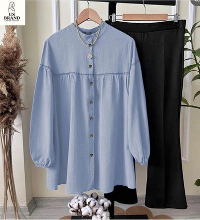 2 Pcs Women's Stitched Georgette Plain Shirt and Trouser – Elegant Blue Set Fashion Insta