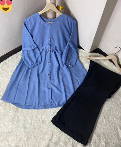 2 Pcs Women's Stitched Georgette Plain Shirt and Trouser – Elegant Blue Set Fashion Insta