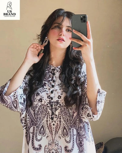 2 Pcs Women's Stitched Swiss Lawn Digital Print Shirt & Trouser – Off White Fashion Insta