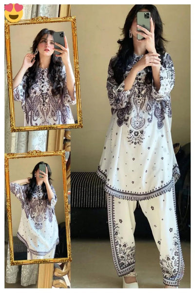 2 Pcs Women's Stitched Swiss Lawn Digital Print Shirt & Trouser – Off White Fashion Insta