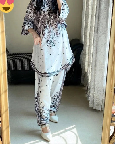 2 Pcs Women's Stitched Swiss Lawn Digital Print Shirt & Trouser – Off White Fashion Insta