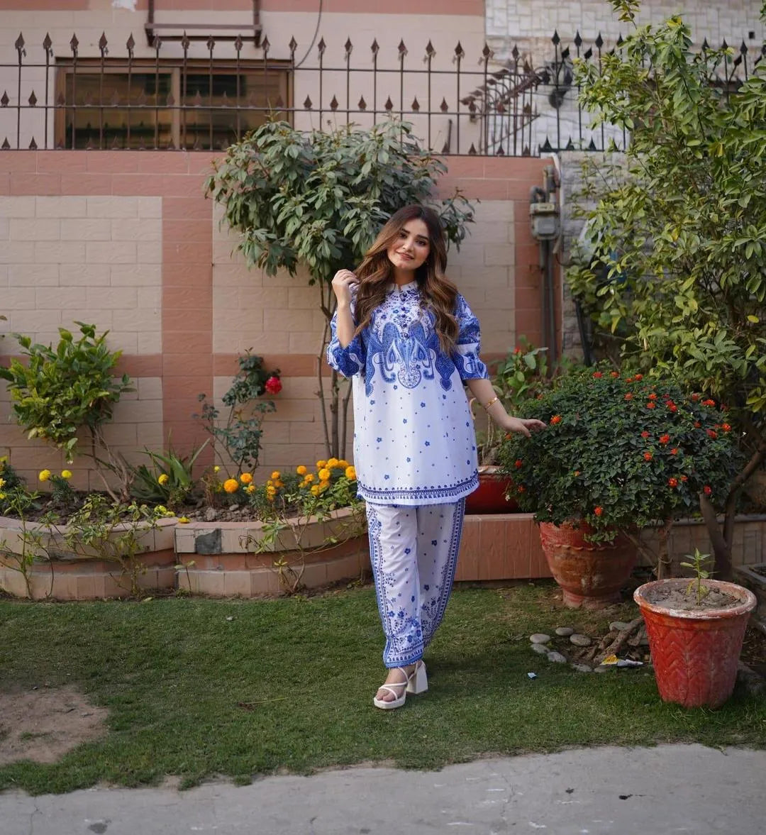 2 Pcs Women's Stitched Swiss Lawn Printed Co-Ord Set Fashion Insta