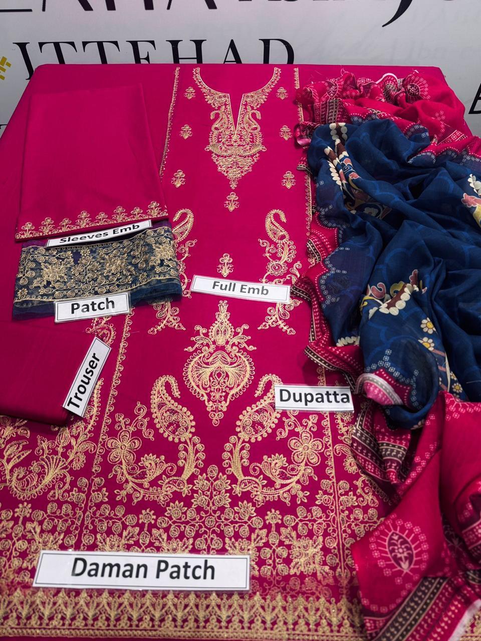 3-Piece Women’s Unstitched Embroidered Lawn Suit – Elegant Red Edition Fashion Insta