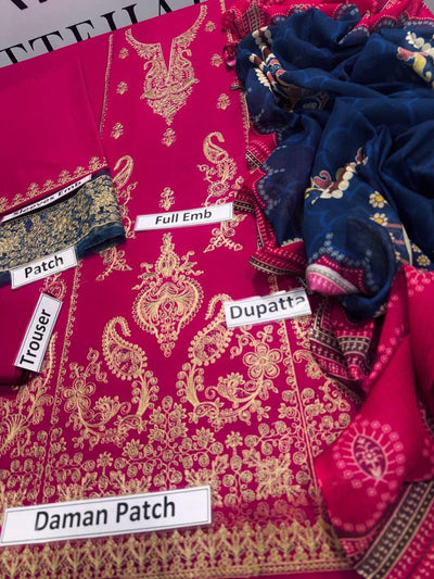3-Piece Women’s Unstitched Embroidered Lawn Suit – Elegant Red Edition Fashion Insta