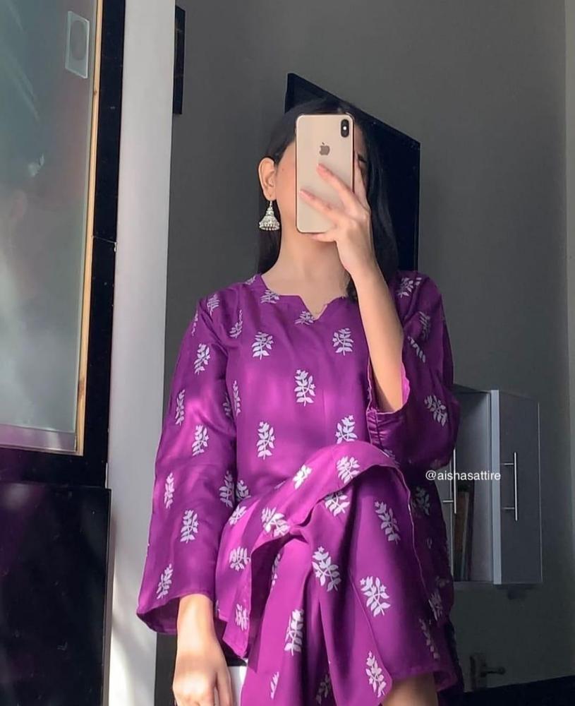 2 Pcs Women's Stitched Linen Block Printed Shirt & Trouser Fashion Insta
