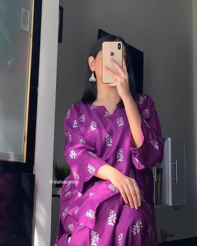2 Pcs Women's Stitched Linen Block Printed Shirt & Trouser Fashion Insta