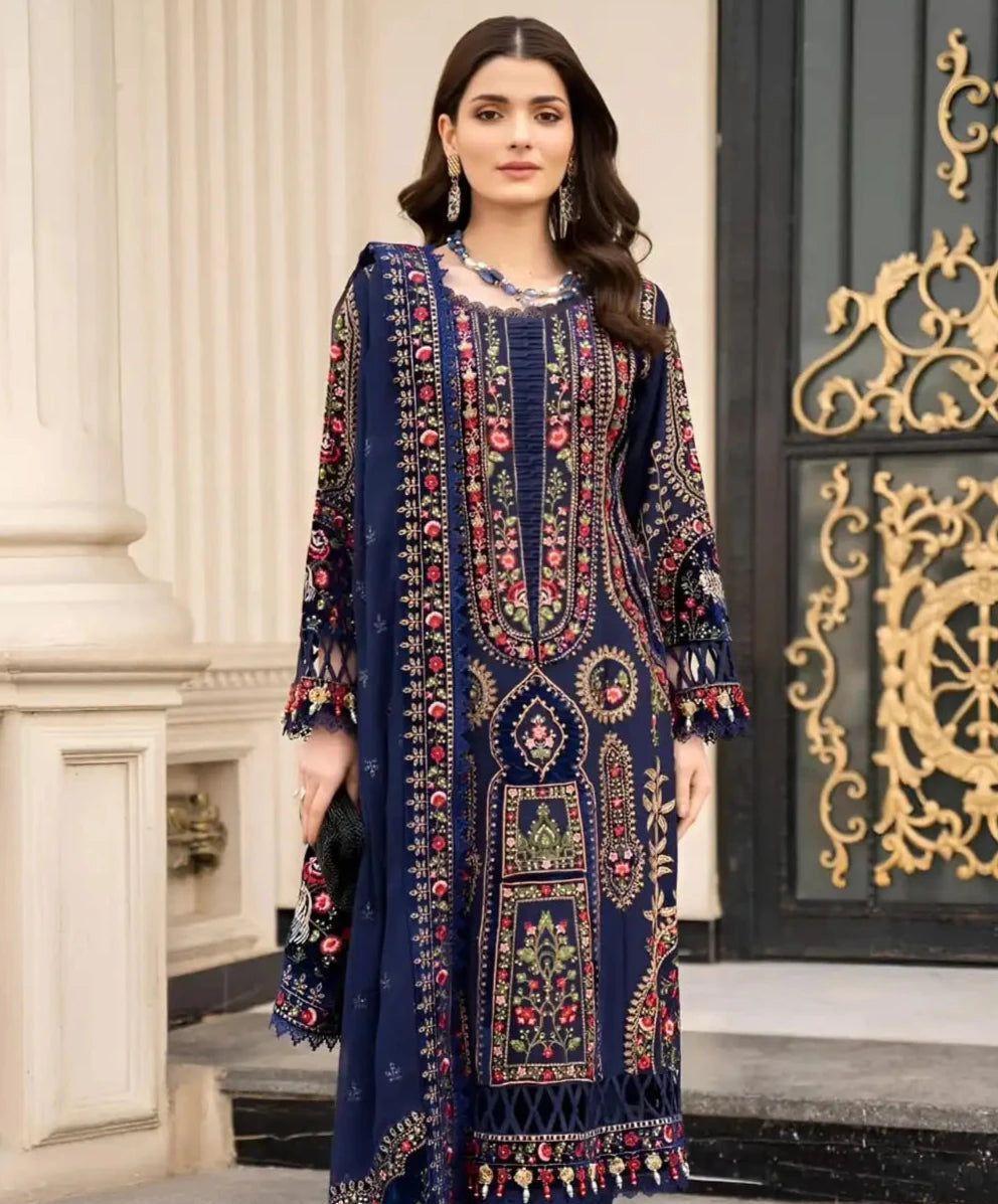 3 Pcs Women’s Unstitched Embroidered Suit – Blue Fashion Insta